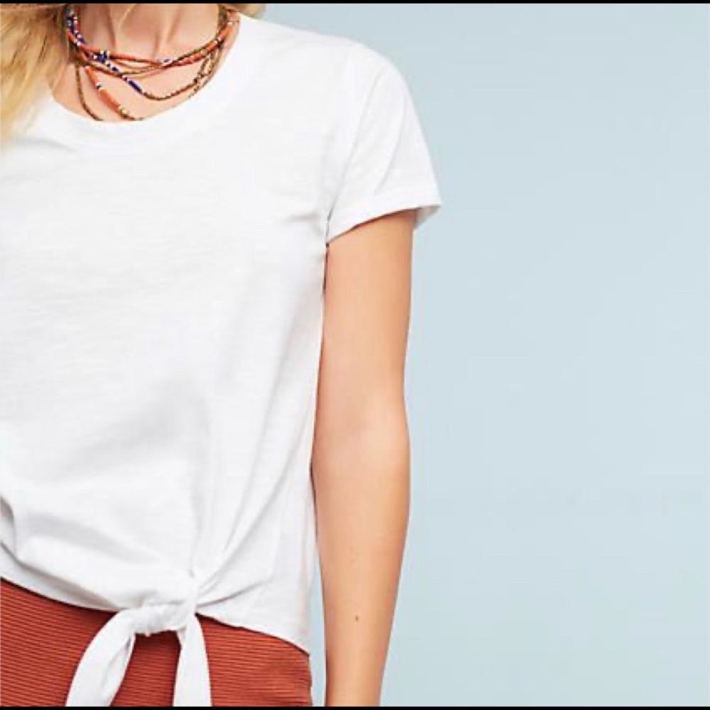 ANTHRO LAMARQUE WHITE LEA SCOOP NECK TIE-FRONT TEE